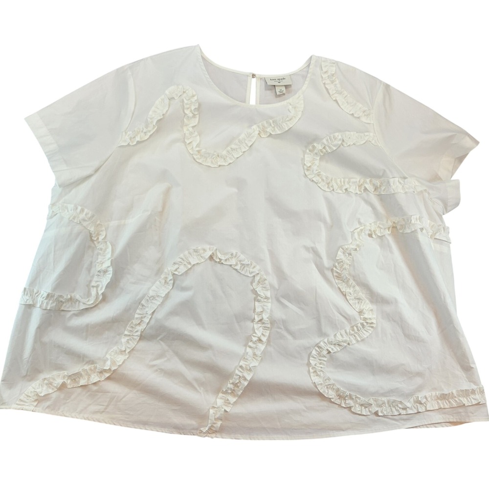 Kate Spade White Ruffle Applique Cotton Poplin Short Cap Sleeve Blouse Size 3XL